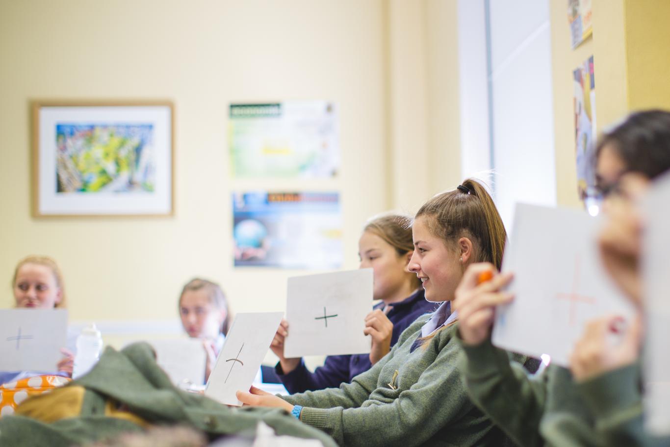 Pupil holds up a plus sign on a small whiteboard during a economics lesson