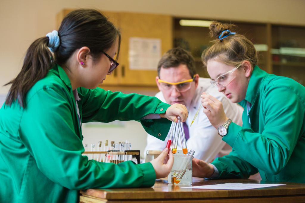 Two UC5 (Year 11) pupils and teacher gather around an experiment involving four test tubes during their chemistry lesson