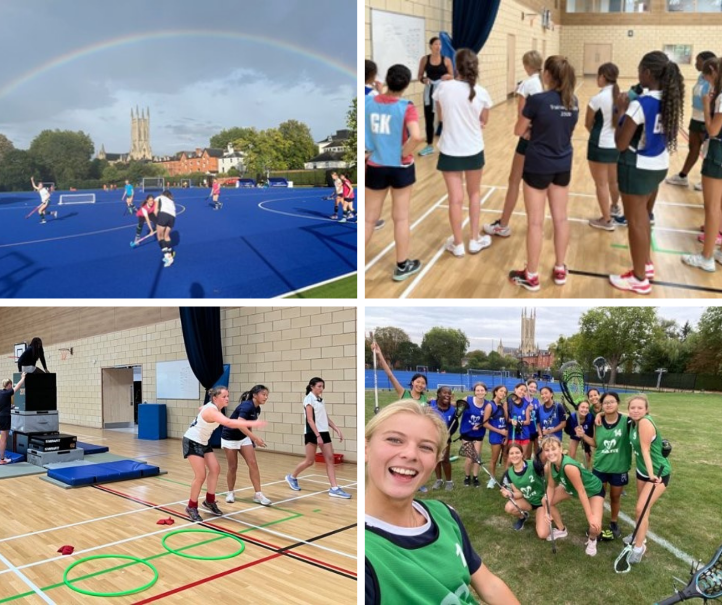 Montage of 4 photos showing hockey, lacrosse and other activities